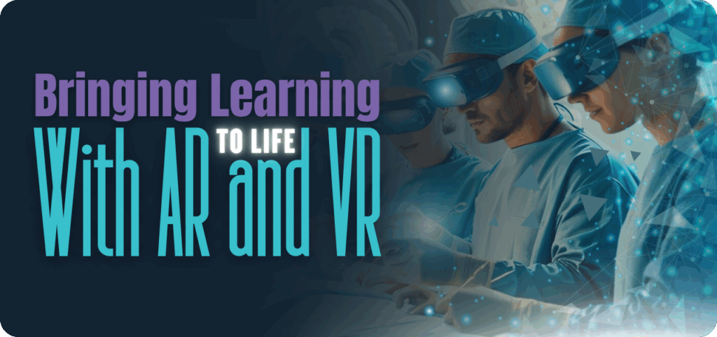Corporate employees engaged in immersive learning with AR and VR technologies during a simulated training exercise.