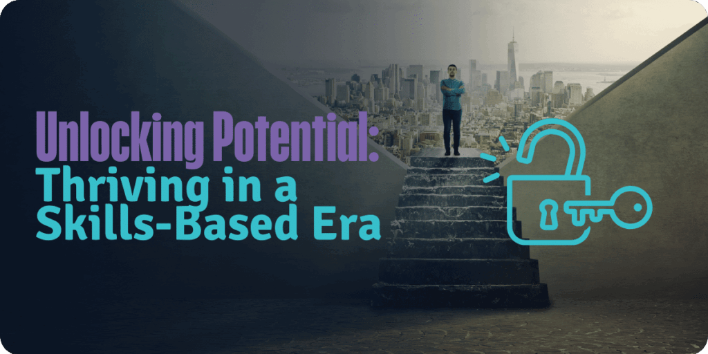 Image illustrating the concept of unlocking potential in a skills-based era, featuring a person on steps, a cityscape, and an open padlock and key.