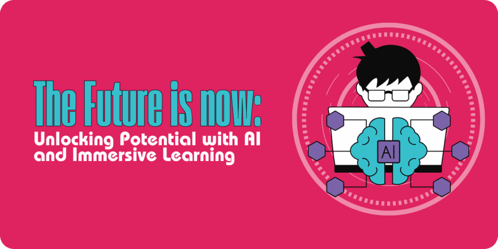 Illustration with a pink background. The text reads "The Future is Now: Unlocking Potential with AI and Immersive Learning." On the right, there's an icon of a person with glasses using a laptop, surrounded by hexagons and connected to a brain shape labeled "AI" in a circular graphic. The binary code in the background has been removed.