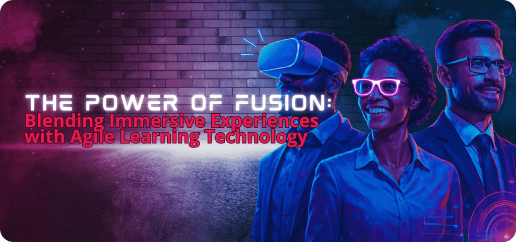 Cover image for an article titled 'The Power of Fusion: Blending Immersive Experiences with Agile Learning Technology'. The design features a human hand reaching out to touch a glowing, abstract, digital network or constellation of dots and lines. The background is a gradient of deep blues and purples, illuminated by bright, electric blue and pink light effects that stream across the image, suggesting data, connectivity, and energy. The overall impression is one of immersive leadership development, highlighting the intersection of human interaction and advanced technology.