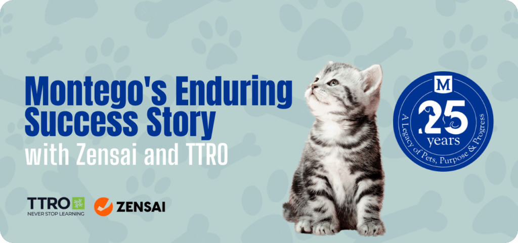 A promotional banner with a light blue background featuring a faint paw print pattern. In the centre, a small grey and black tabby kitten sits looking upwards. The main text reads, "Montego's Enduring Success Story with Zensai and TTRO". Below are the logos for TTRO and Zensai. To the right is a blue circular seal that says "M, 25 years, A Legacy of Pets, Purpose & Progress".
